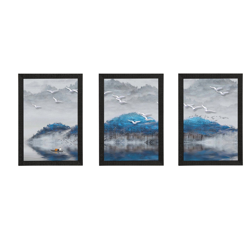 Set Of 3 Blue Trees and Birds Satin Matt Texture UV Art Painting Kafalo