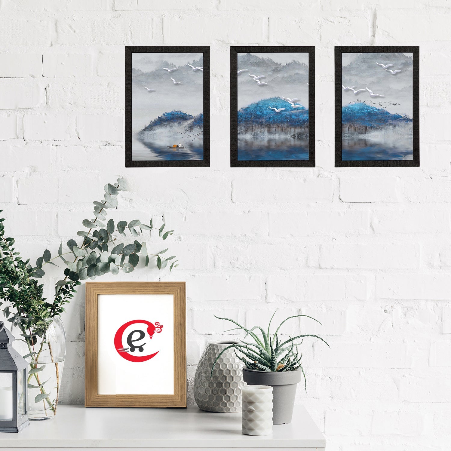 Set Of 3 Blue Trees and Birds Satin Matt Texture UV Art Painting Kafalo