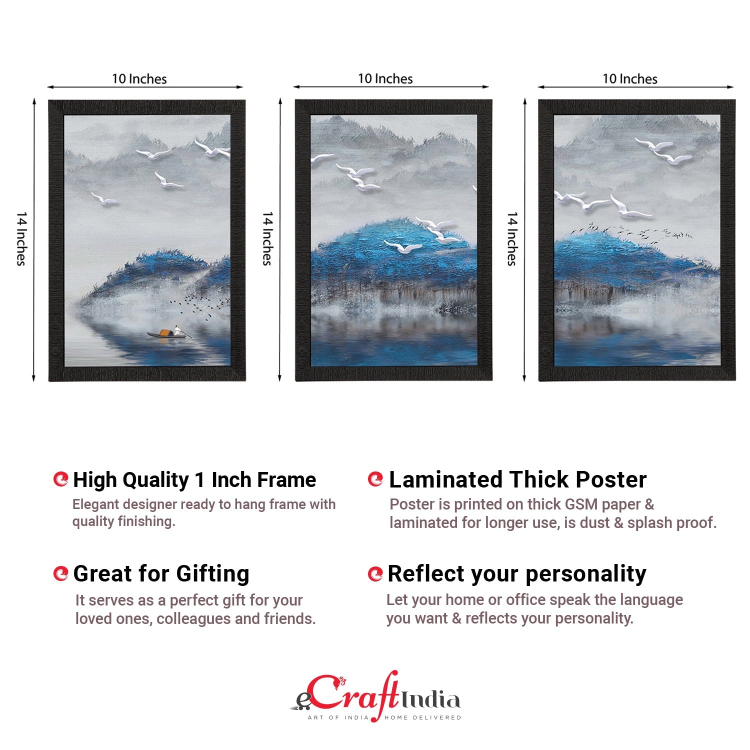 Set Of 3 Blue Trees and Birds Satin Matt Texture UV Art Painting Kafalo
