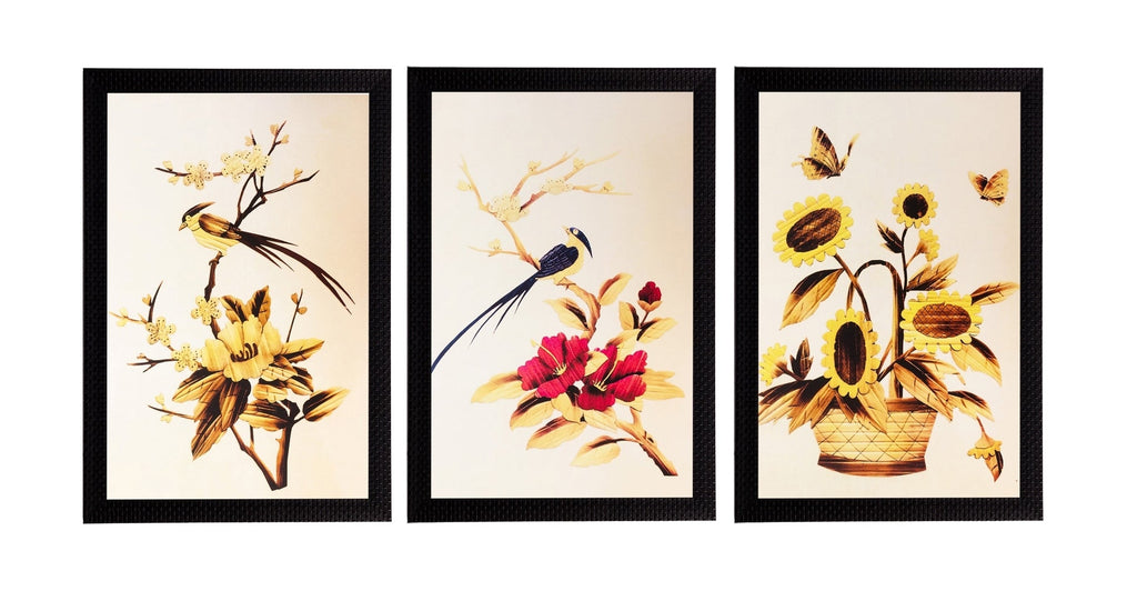Set Of 3 Yellow Beautiful Floral Satin Matt Texture UV Art Painting Kafalo