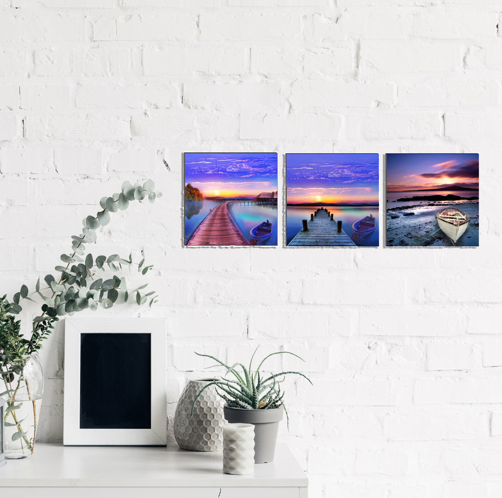 Set of 3 6MM MDF Scenic River Side View with Boat Satin Matt Texture UV Art Painting Kafalo
