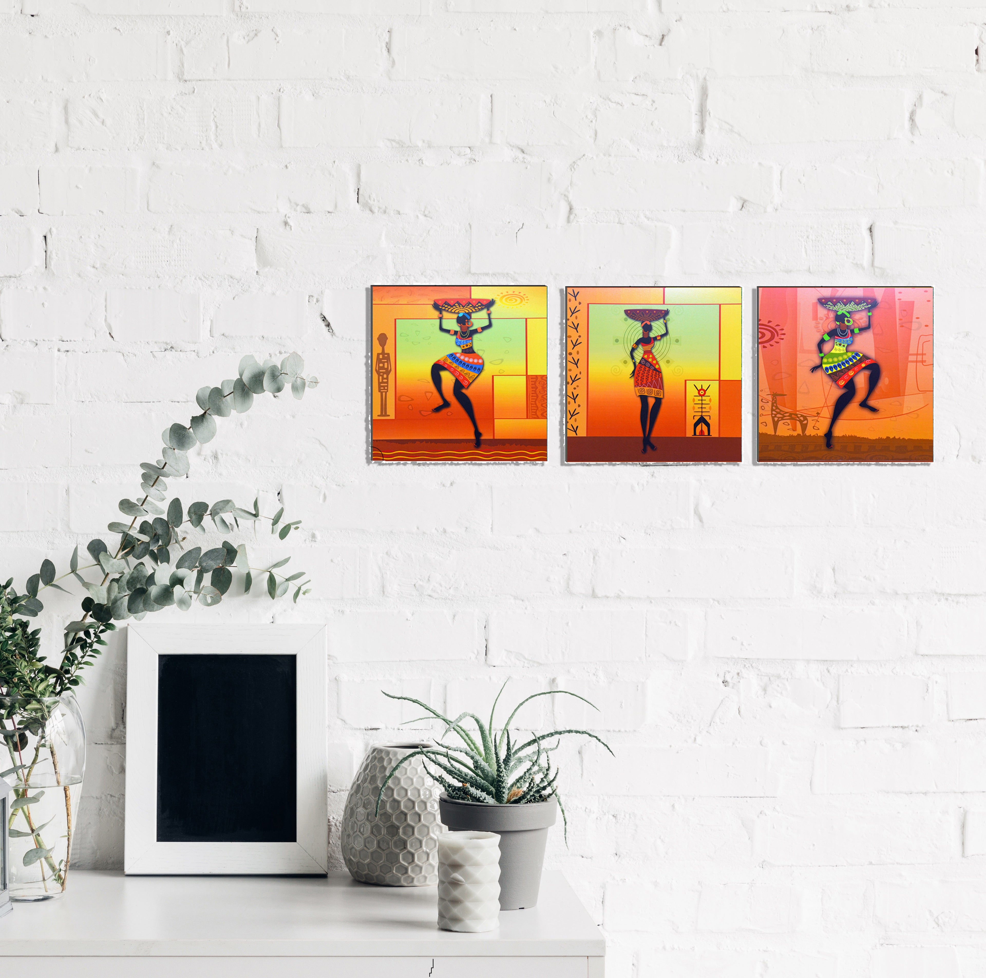Set of 3 6MM MDF Dancing Tribal Women Satin Matt Texture UV Art Painting Kafalo