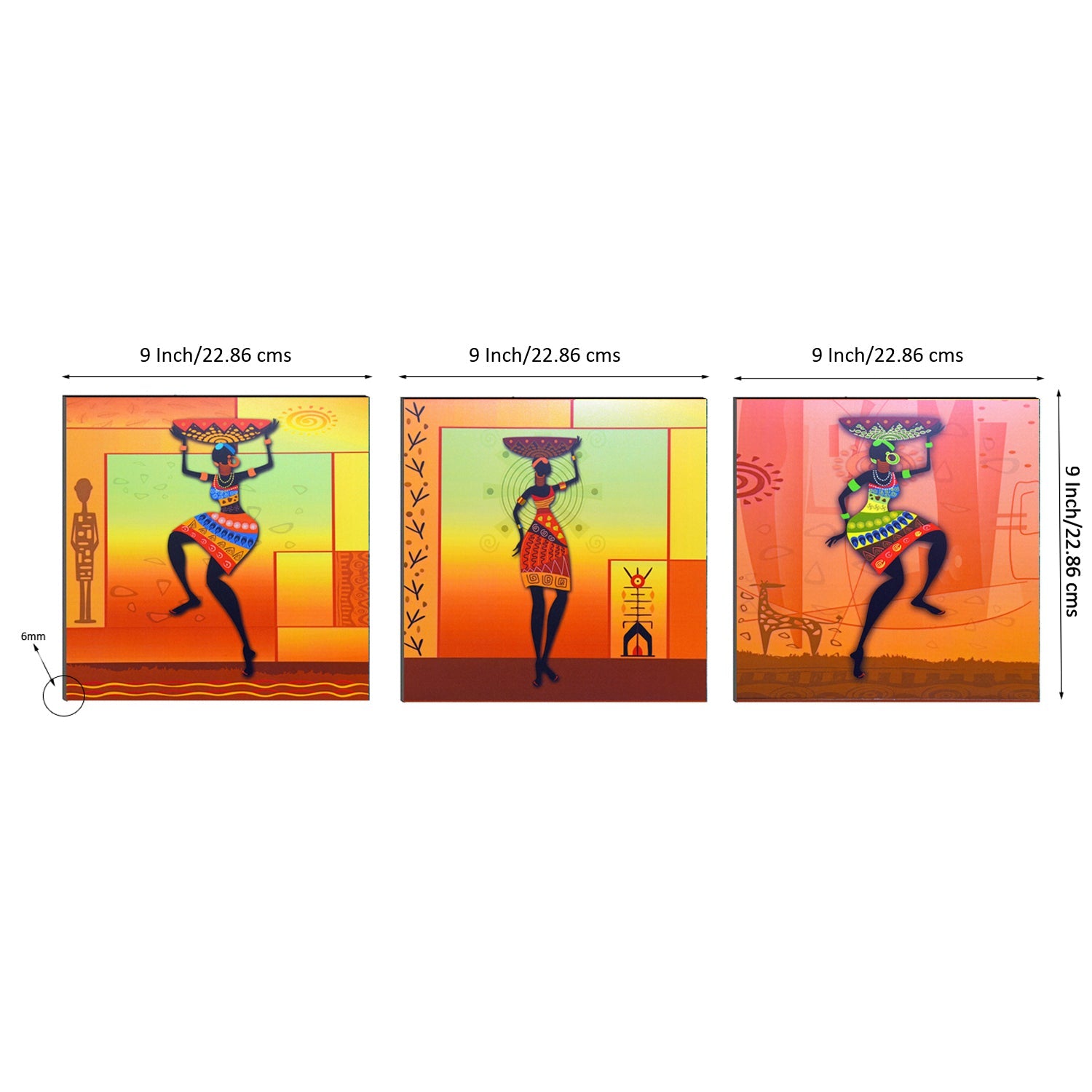 Set of 3 6MM MDF Dancing Tribal Women Satin Matt Texture UV Art Painting Kafalo