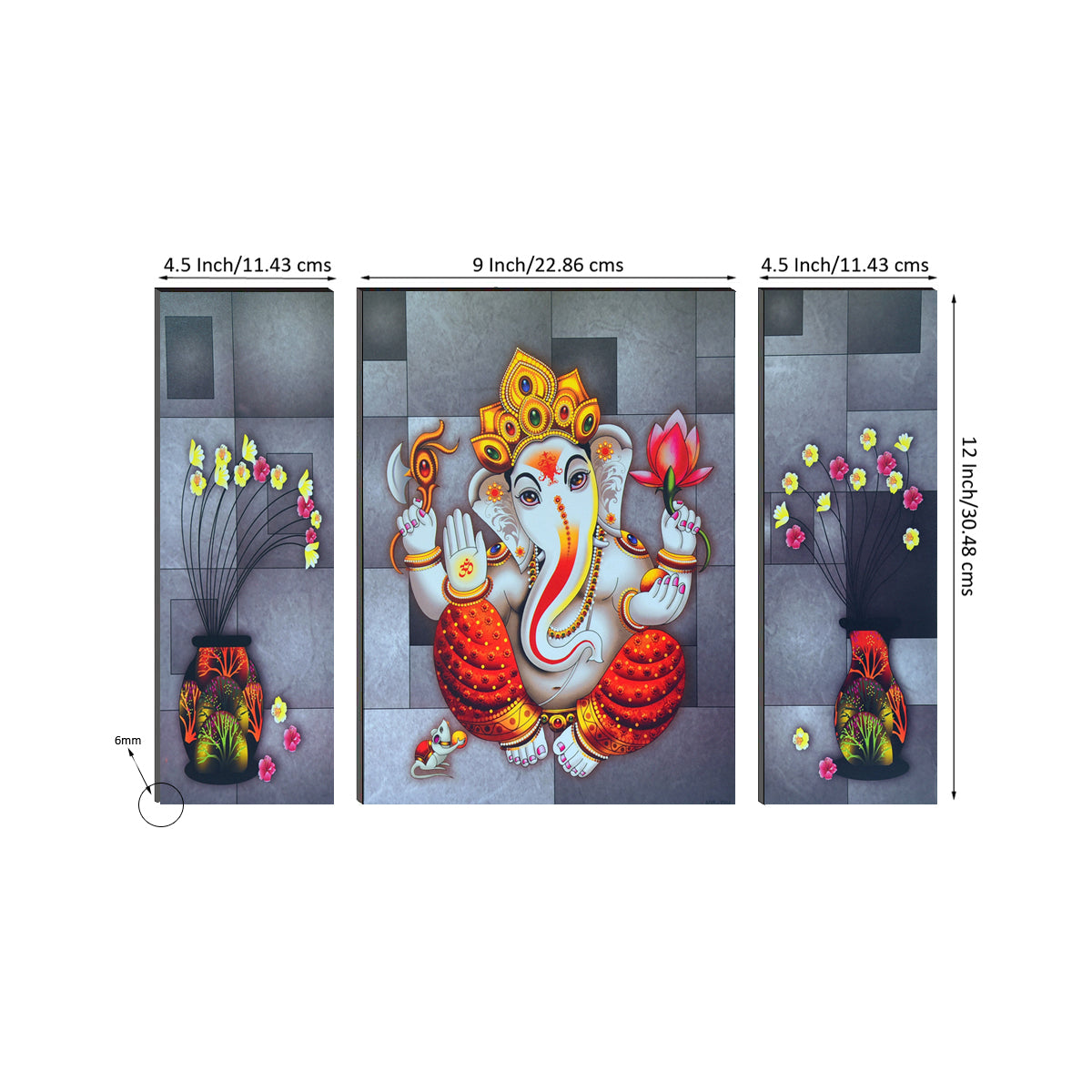 6MM MDF Set of 3 Lord Ganesha Satin Matt Texture UV Art Painting Kafalo