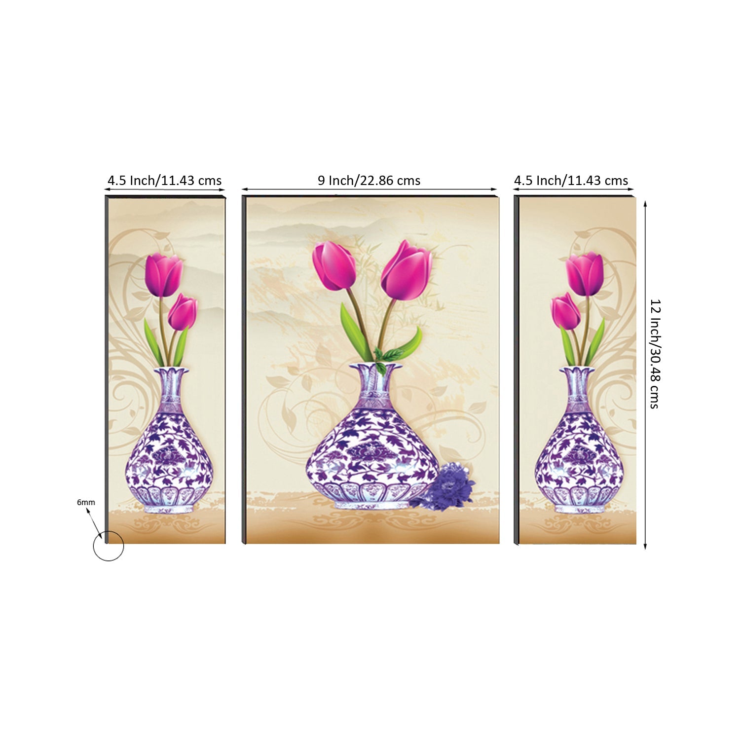 6MM MDF Set of 3 Botanical Floral Satin Matt Texture UV Art Painting Kafalo