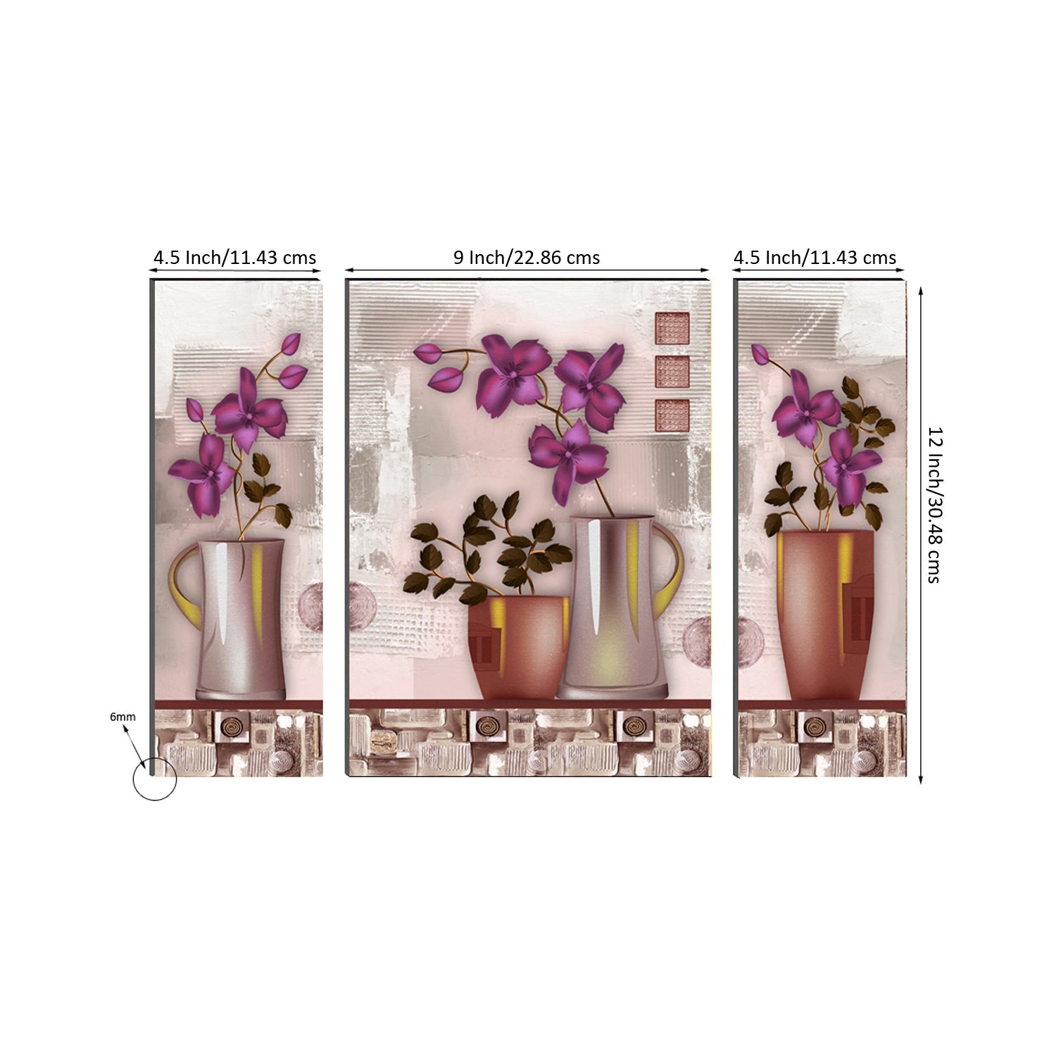 6MM MDF Set of 3 Botanical Floral Satin Matt Texture UV Art Painting Kafalo