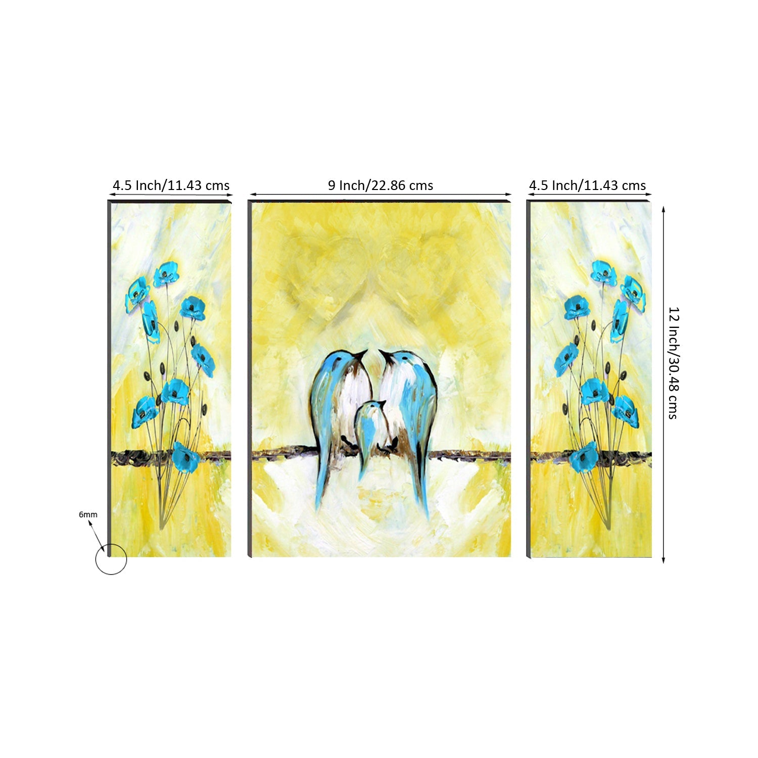 6MM MDF Set of 3 Birds Sitting on Tree Branch Satin Matt Texture UV Art Painting Kafalo