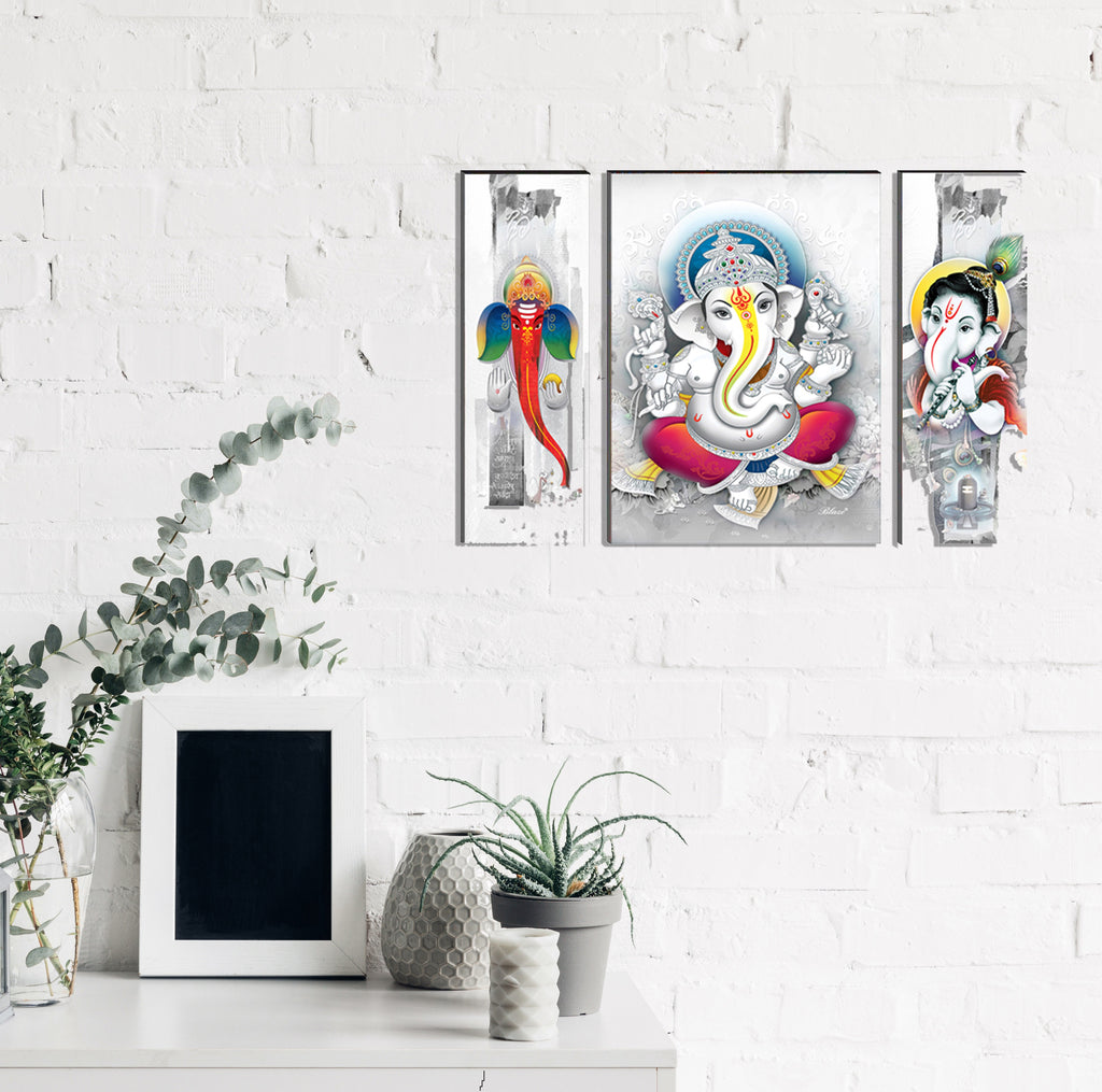 6MM MDF Set of 3 Lord Ganesha Satin Matt Texture UV Art Painting Kafalo