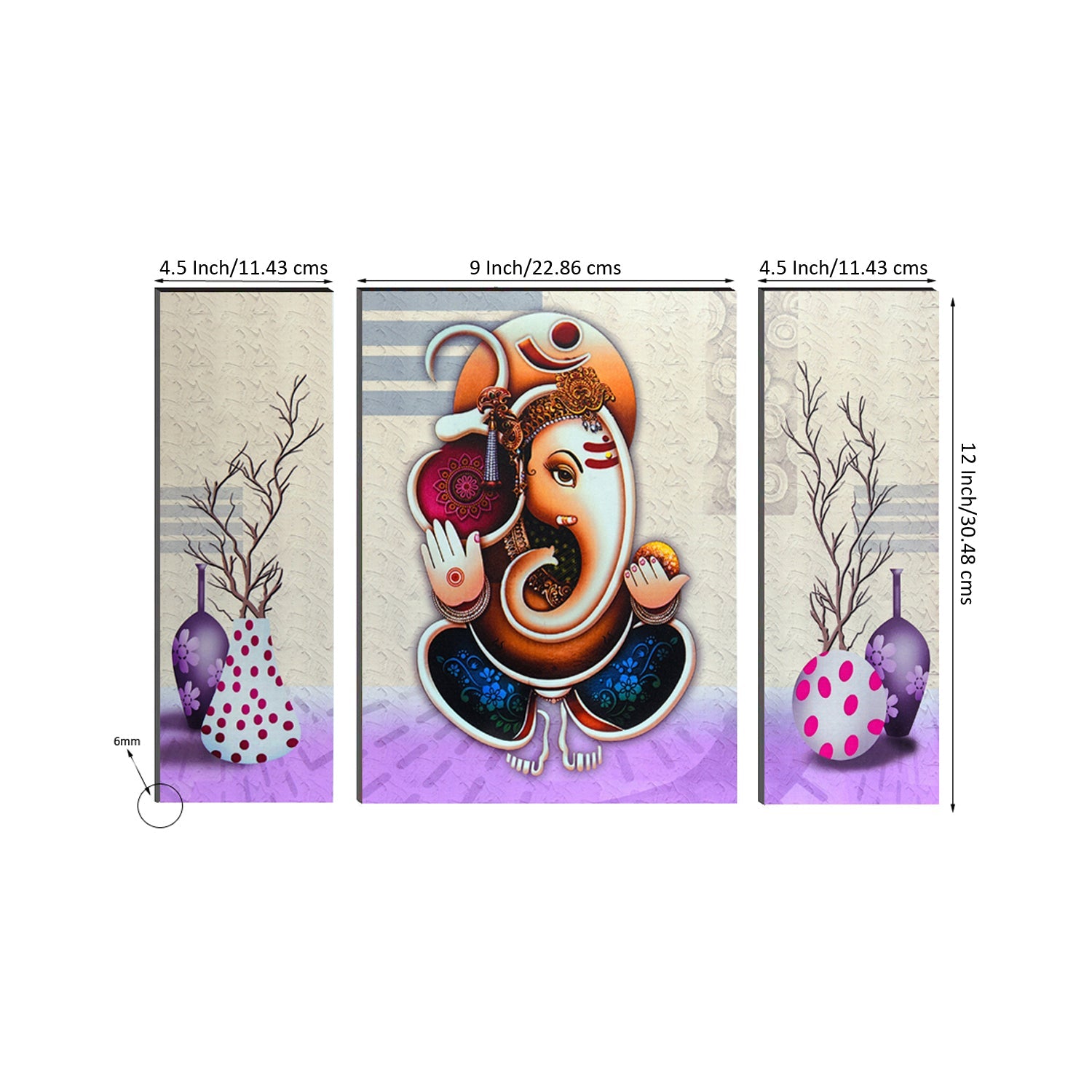 6MM MDF Set of 3 Lord Ganesha Satin Matt Texture UV Art Painting Kafalo