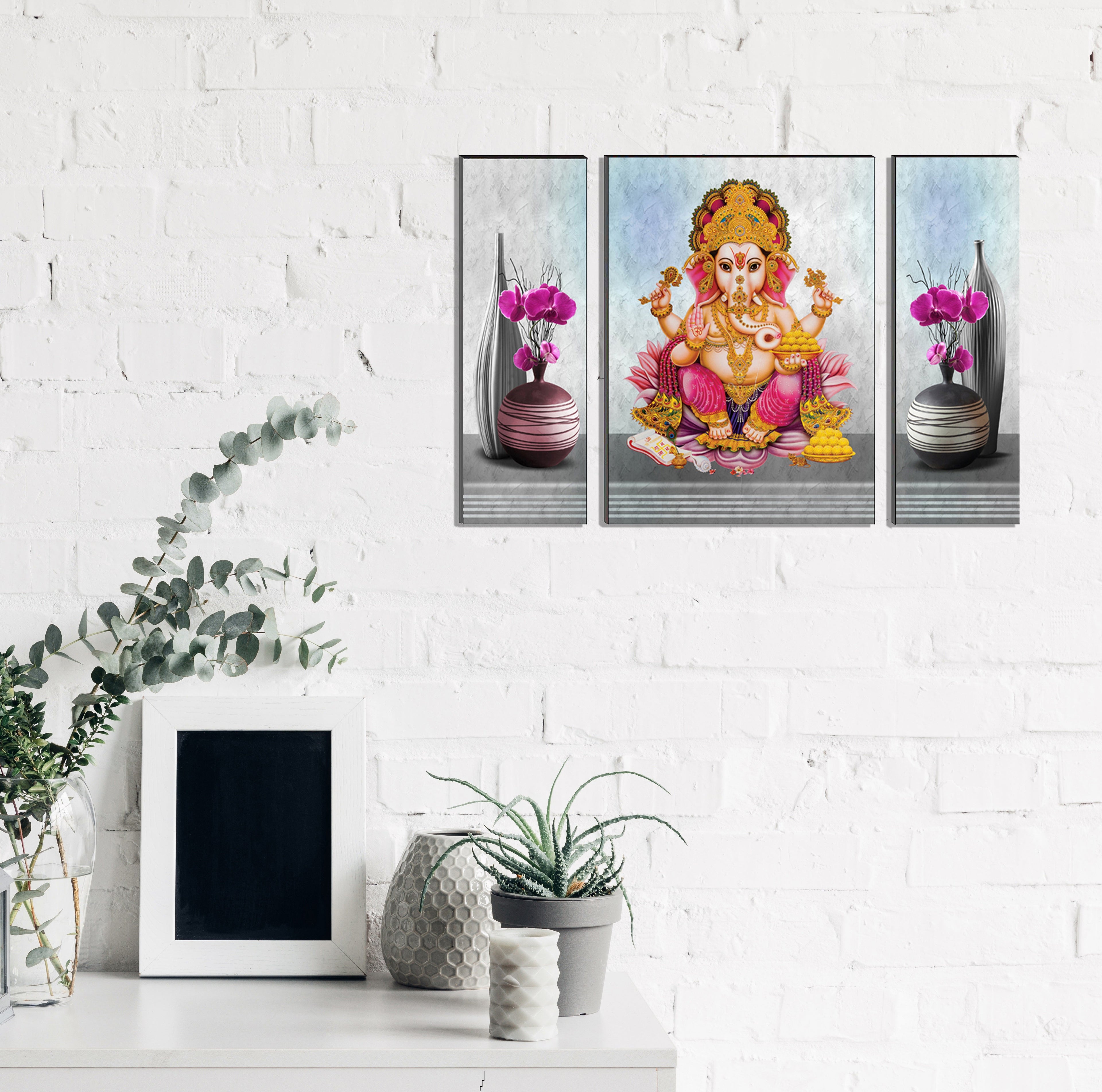 6MM MDF Set of 3 Lord Ganesha Satin Matt Texture UV Art Painting Kafalo