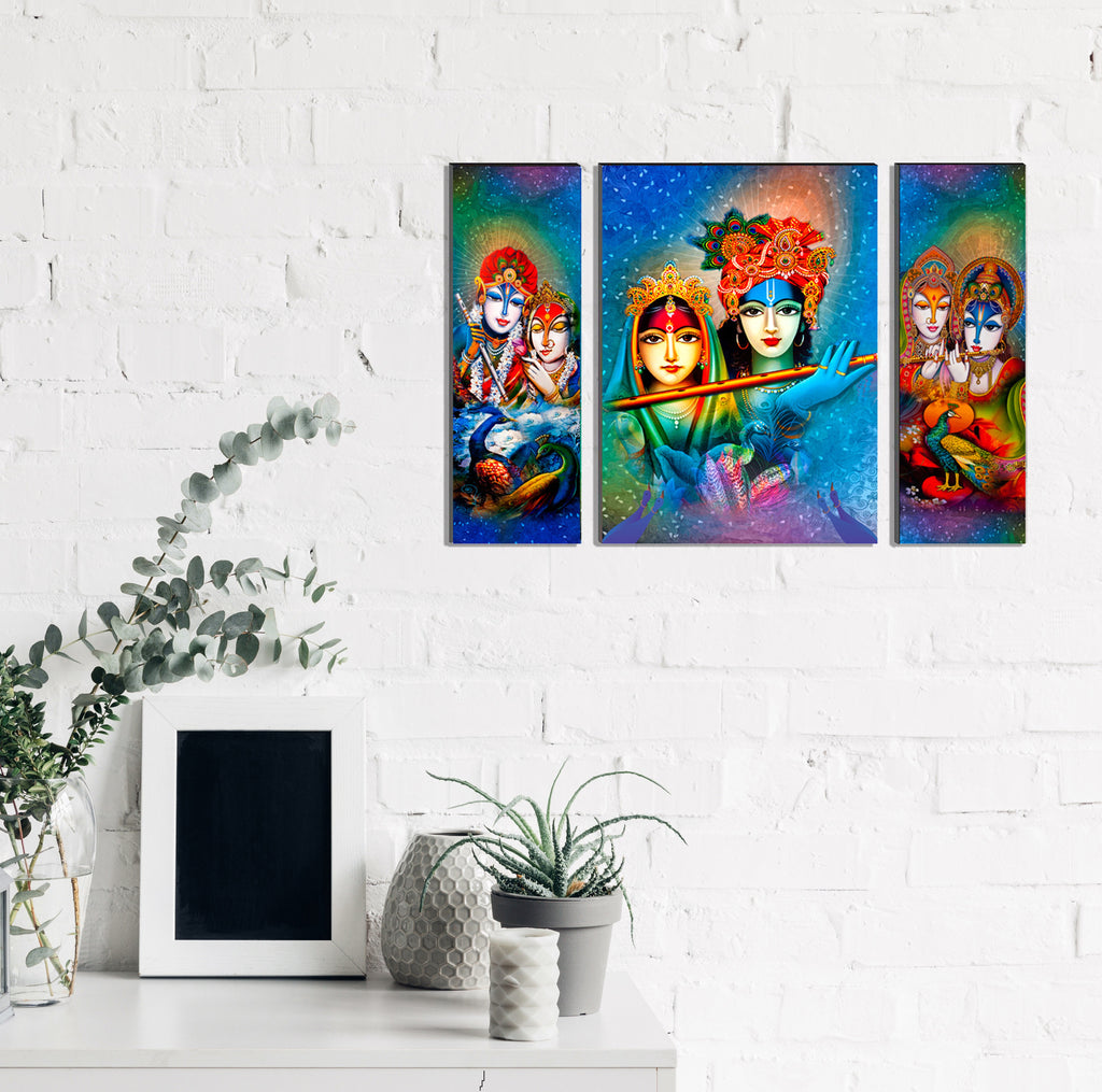Beautiful Radha And Krishna With Flute Paintings Set Of 3 Digital Printed Religious Wall Art Kafalo