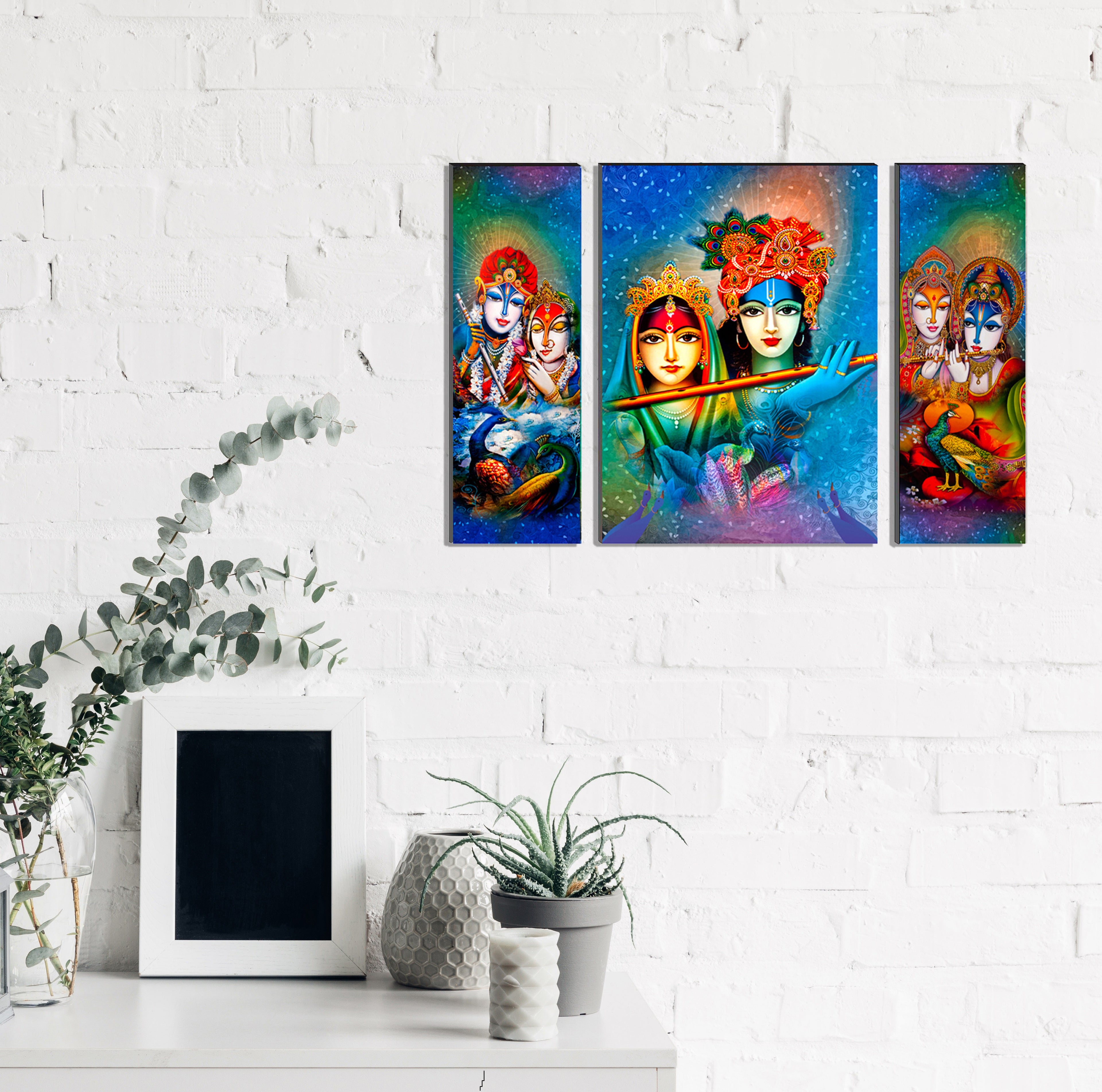Beautiful Radha And Krishna With Flute Paintings Set Of 3 Digital Printed Religious Wall Art Kafalo