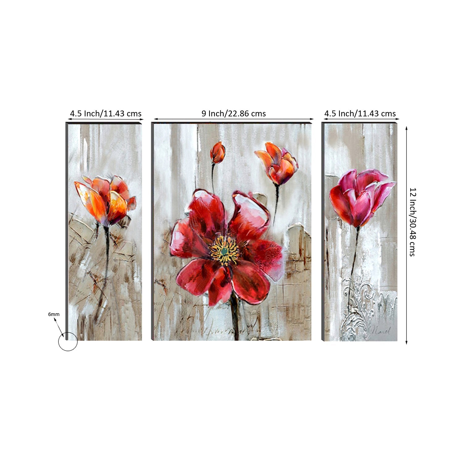 6MM MDF Set of 3 Botanical Floral Satin Matt Texture UV Art Painting Kafalo