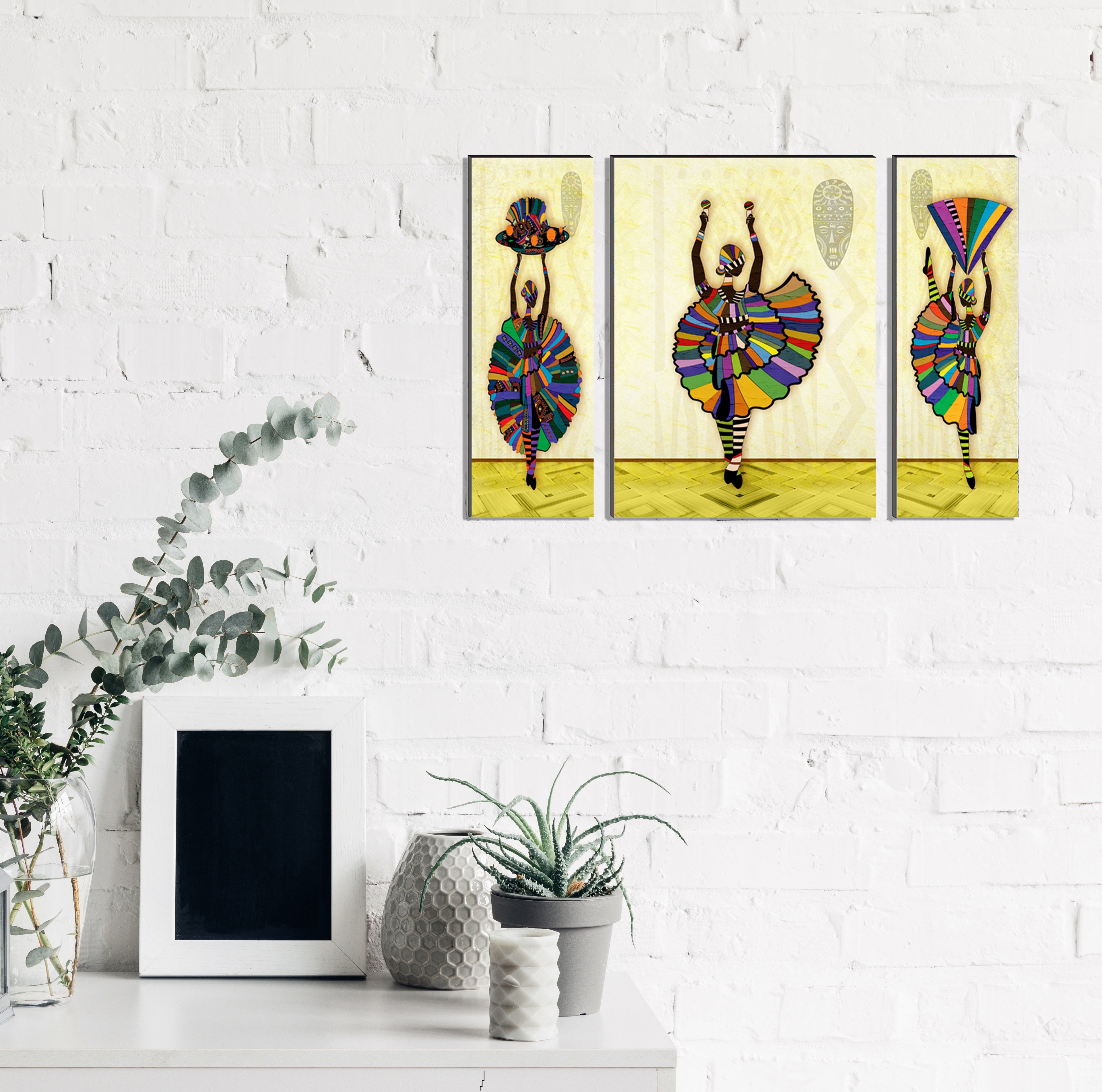 6MM MDF Set of 3 Dancing Tribal Women Satin Matt Texture UV Art Painting Kafalo