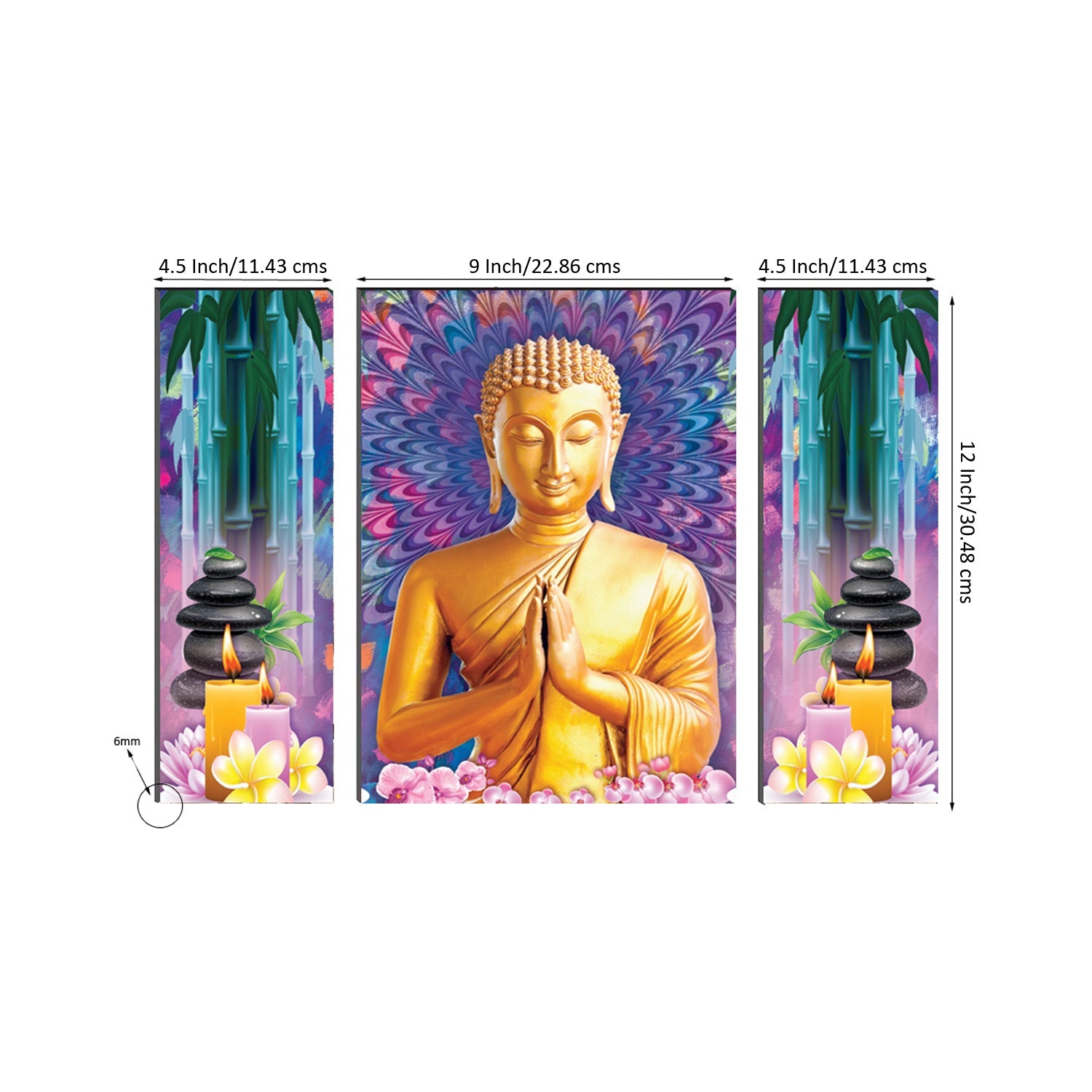 6MM MDF Set of 3 Lord Buddha Satin Matt Texture UV Art Painting Kafalo