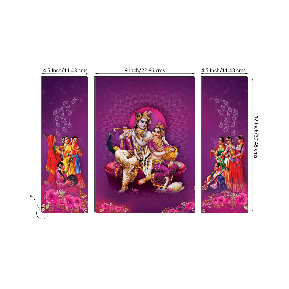 6MM MDF Set of 3 Radha Krishna Satin Matt Texture UV Art Painting Kafalo