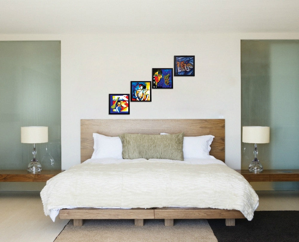 Set Of 4 Abstract Radha Krishna Satin Matt Texture UV Art Painting Kafalo