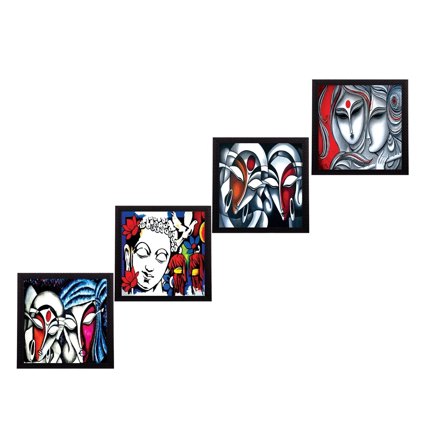 Set Of 4 Abstract Radha Krishna Satin Matt Texture UV Art Painting Kafalo