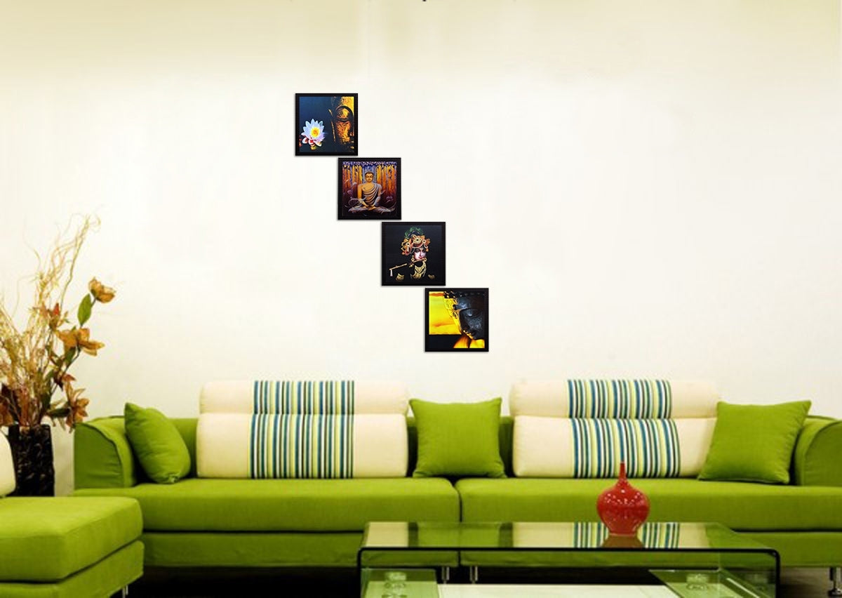 Set Of 4 Krishna and Buddha Satin Matt Texture UV Art Painting Kafalo