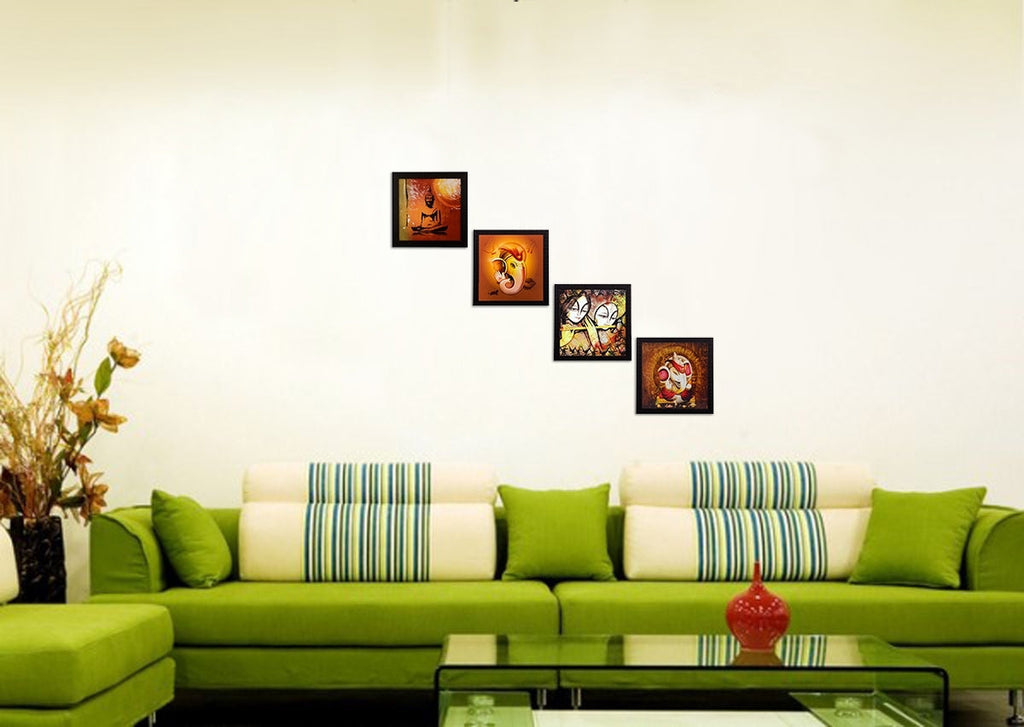 Set Of 4 Radha Krishna, Ganesha and Buddha Satin Matt Texture UV Art Painting Kafalo