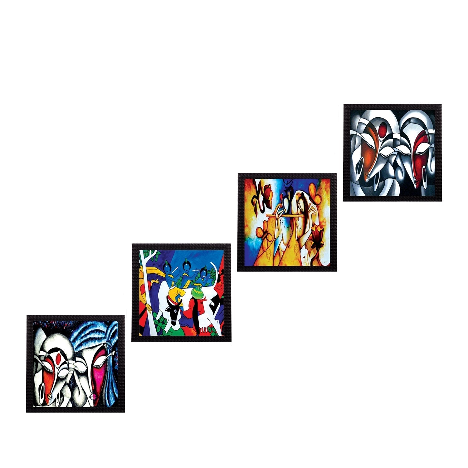 Set Of 4 Abstract Radha Krishna Satin Matt Texture UV Art Painting Kafalo