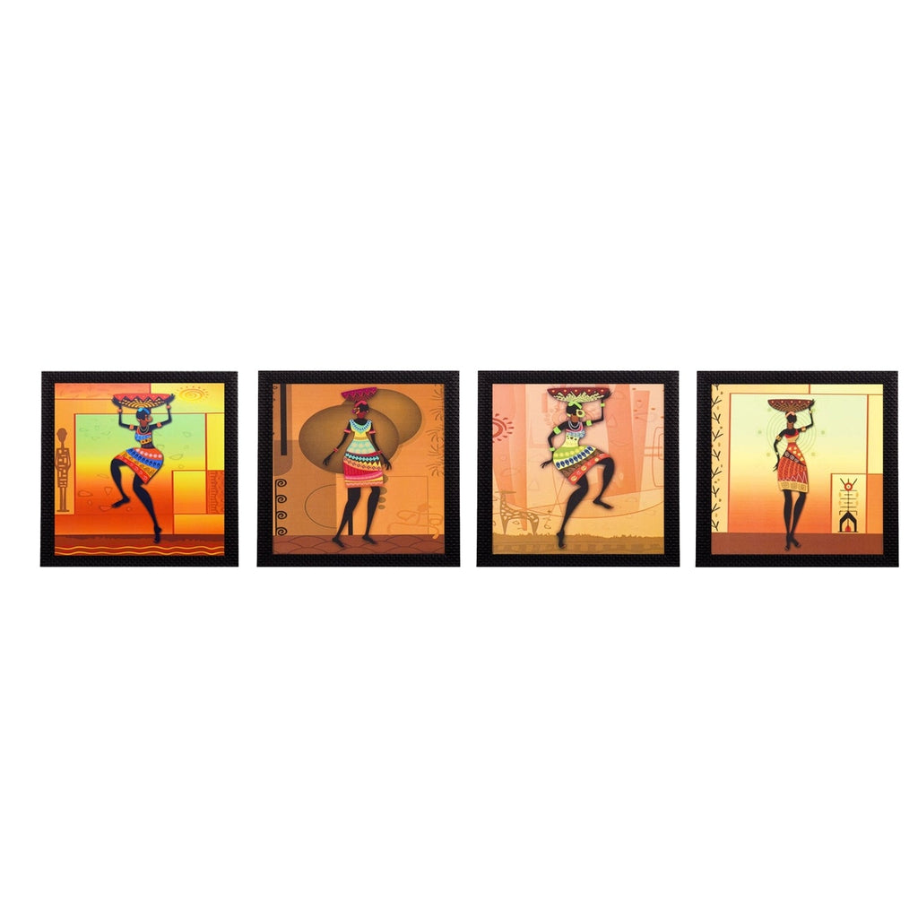 Set Of 4 Tribal Women Satin Matt Texture UV Art Painting Kafalo