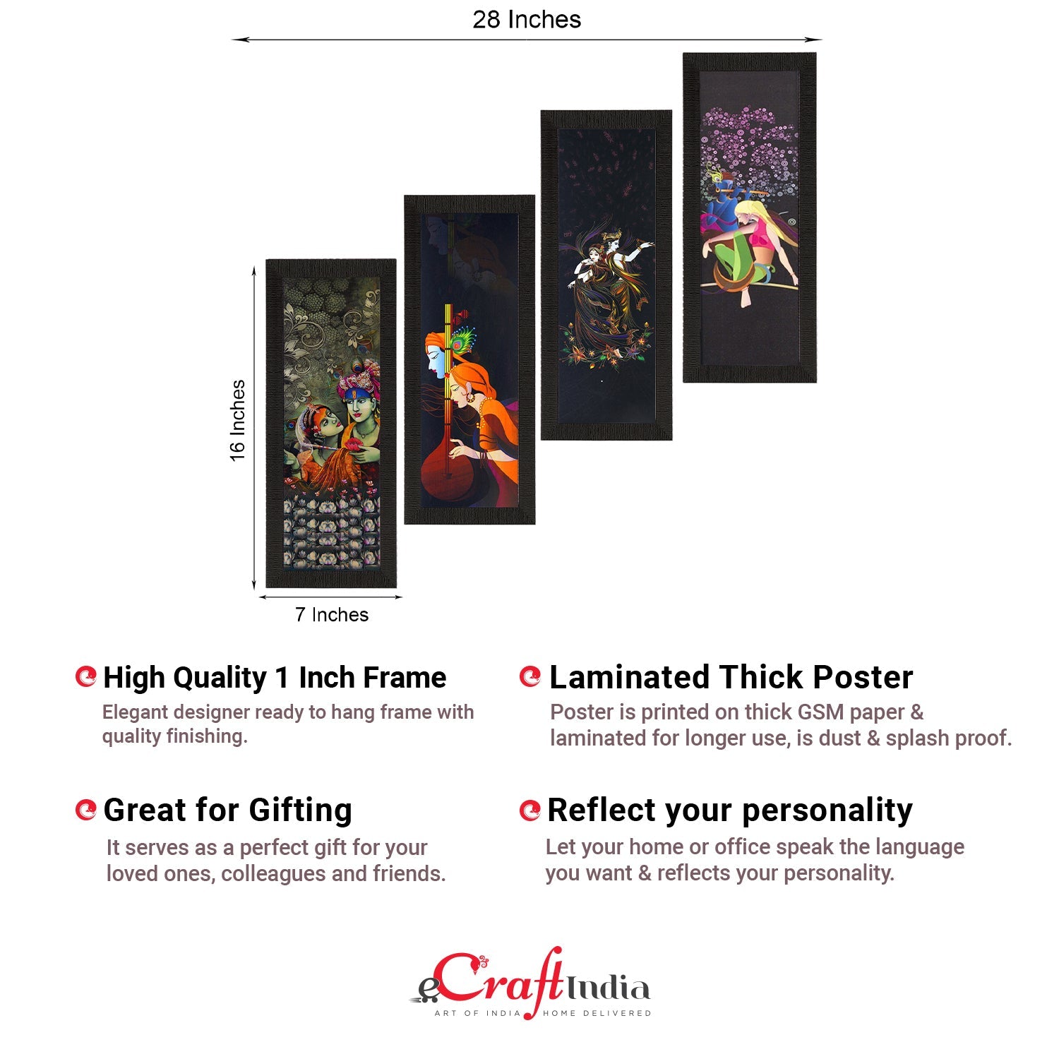 Set Of 4 Radha Krishna Satin Matt Texture UV Art Painting Kafalo