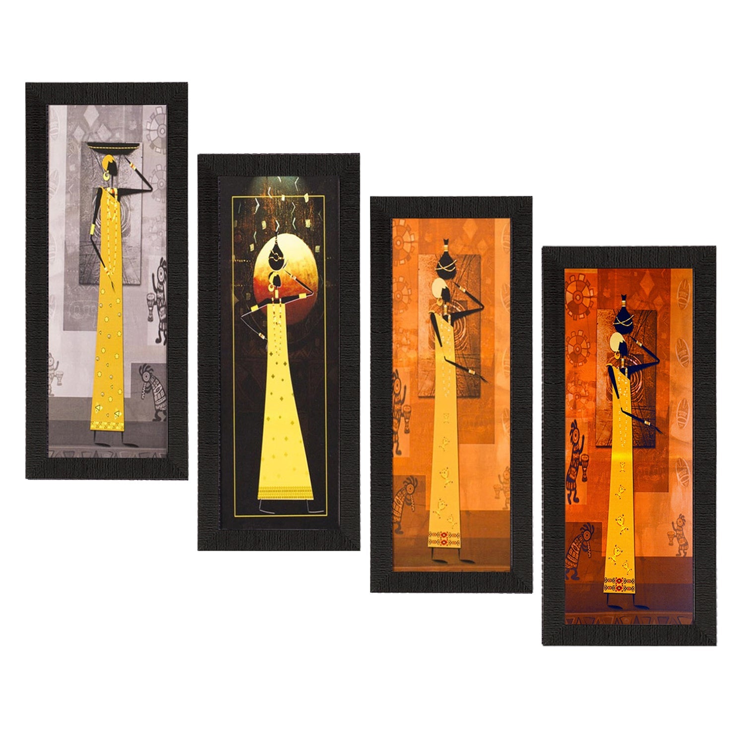 Set Of 4 Tribal Women Satin Matt Texture UV Art Painting Kafalo