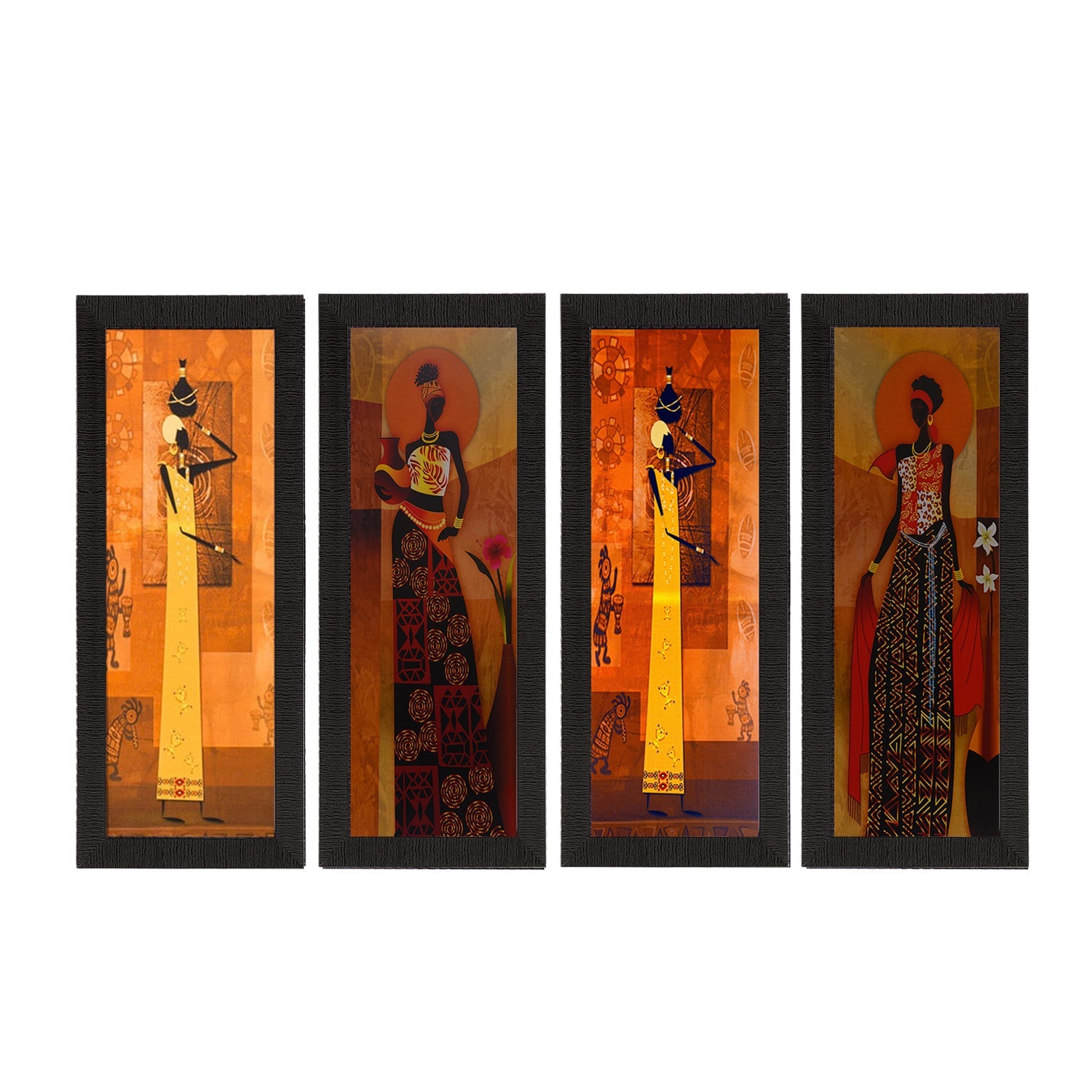 Set Of 4 Tribal Women Satin Matt Texture UV Art Painting Kafalo