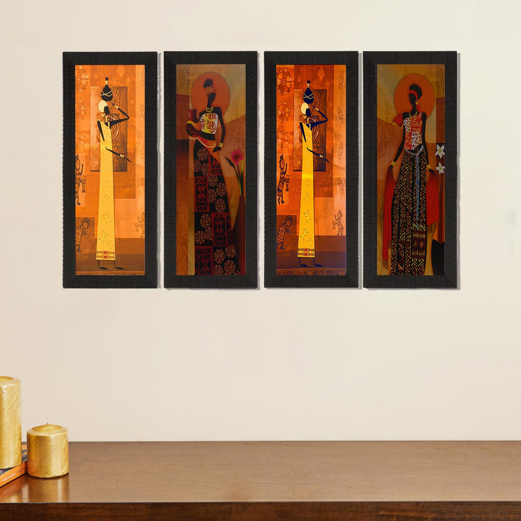 Set Of 4 Tribal Women Satin Matt Texture UV Art Painting Kafalo