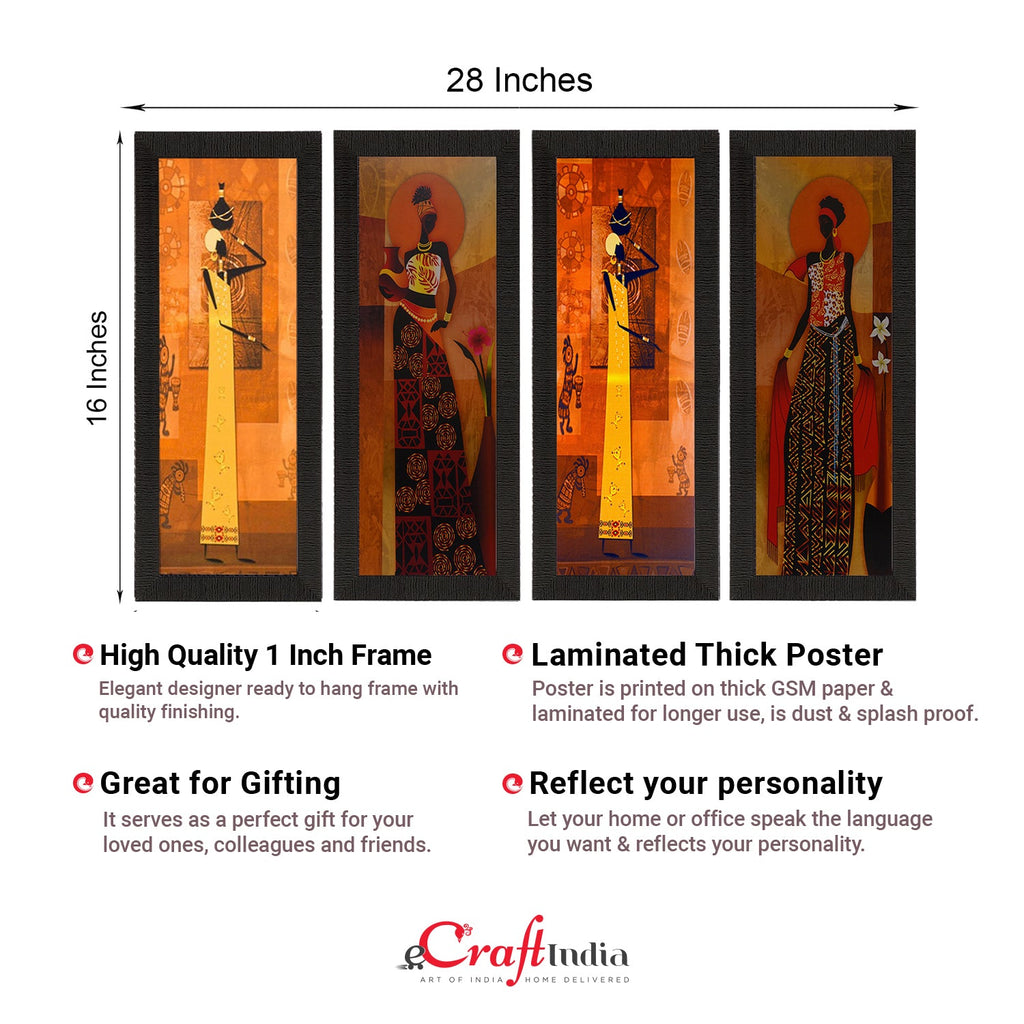 Set Of 4 Tribal Women Satin Matt Texture UV Art Painting Kafalo