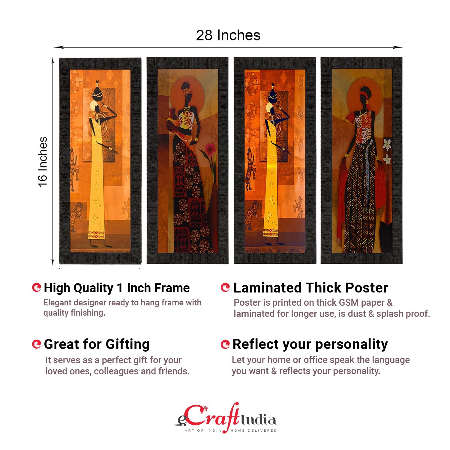 Set Of 4 Tribal Women Satin Matt Texture UV Art Painting Kafalo
