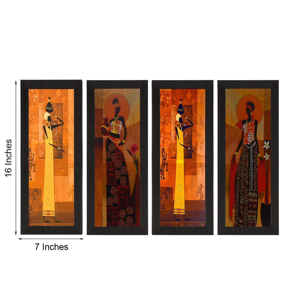 Set Of 4 Tribal Women Satin Matt Texture UV Art Painting Kafalo