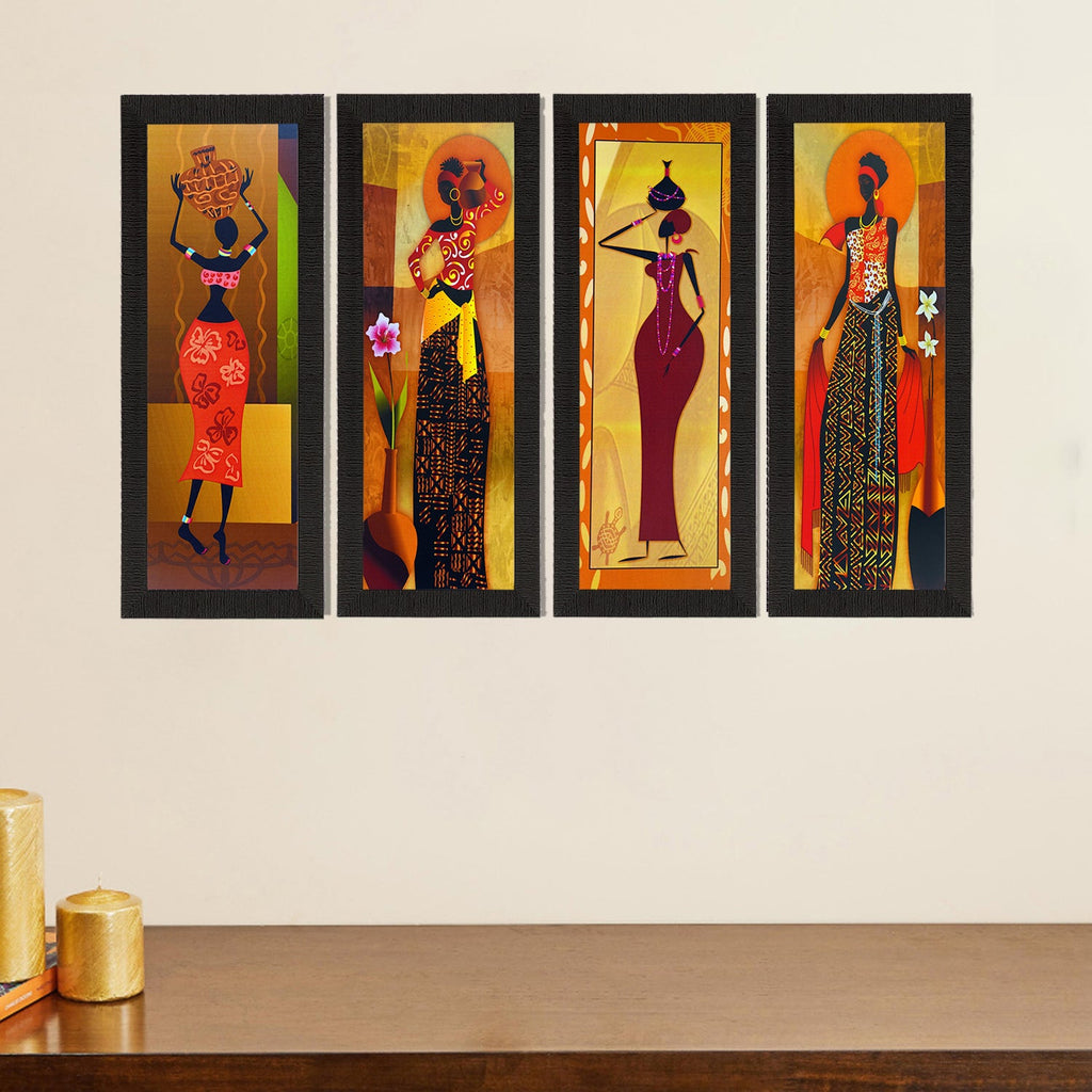 Set Of 4 Tribal Women Satin Matt Texture UV Art Painting Kafalo