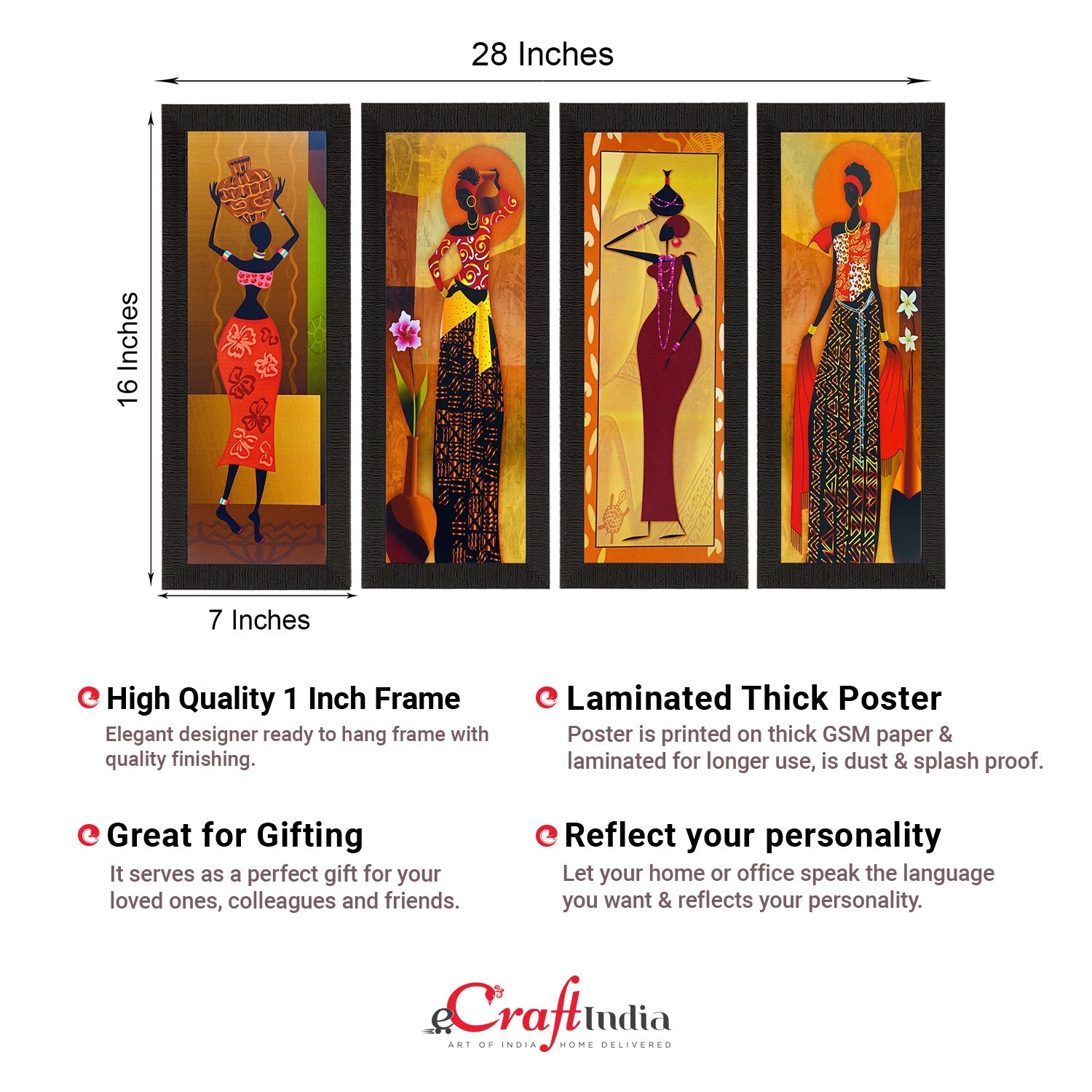 Set Of 4 Tribal Women Satin Matt Texture UV Art Painting Kafalo