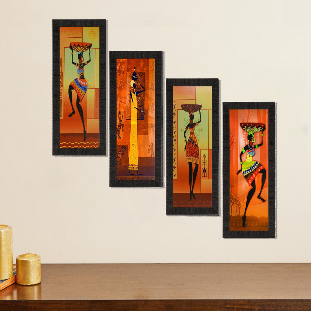 Set Of 4 Tribal Women Satin Matt Texture UV Art Painting Kafalo