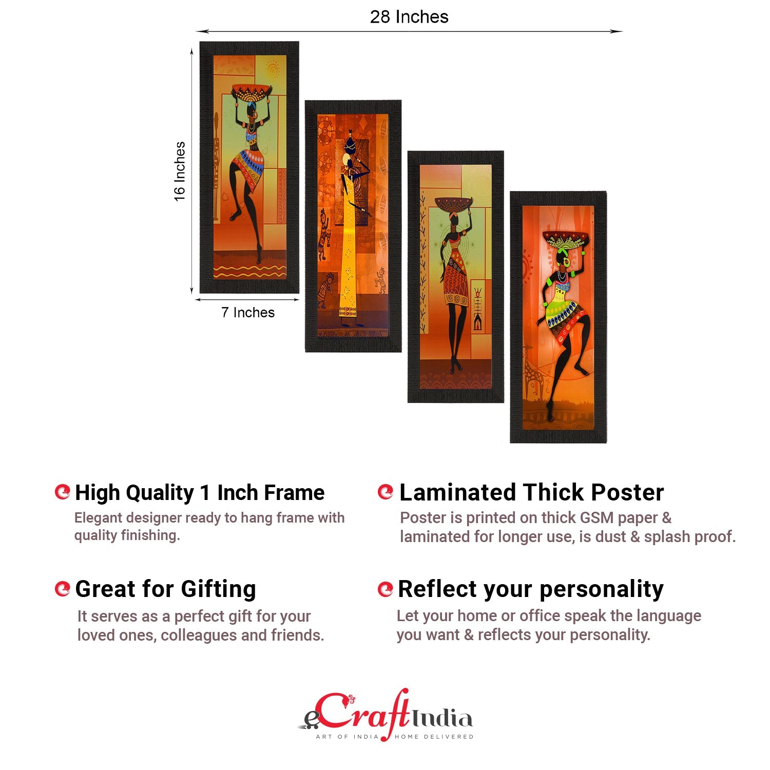 Set Of 4 Tribal Women Satin Matt Texture UV Art Painting Kafalo