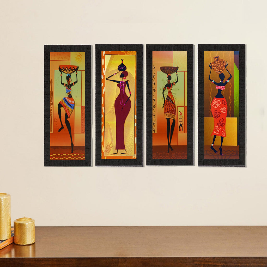 Set Of 4 Tribal Women Satin Matt Texture UV Art Painting Kafalo