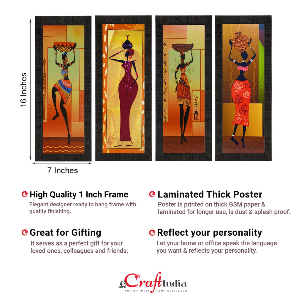 Set Of 4 Tribal Women Satin Matt Texture UV Art Painting Kafalo