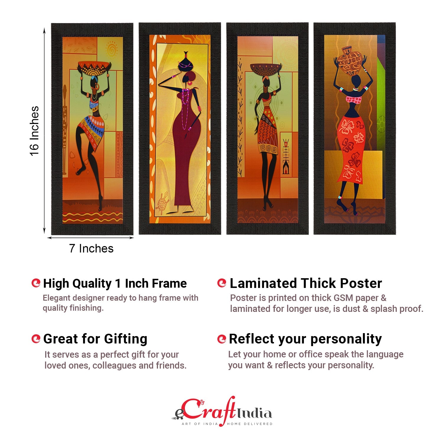 Set Of 4 Tribal Women Satin Matt Texture UV Art Painting Kafalo