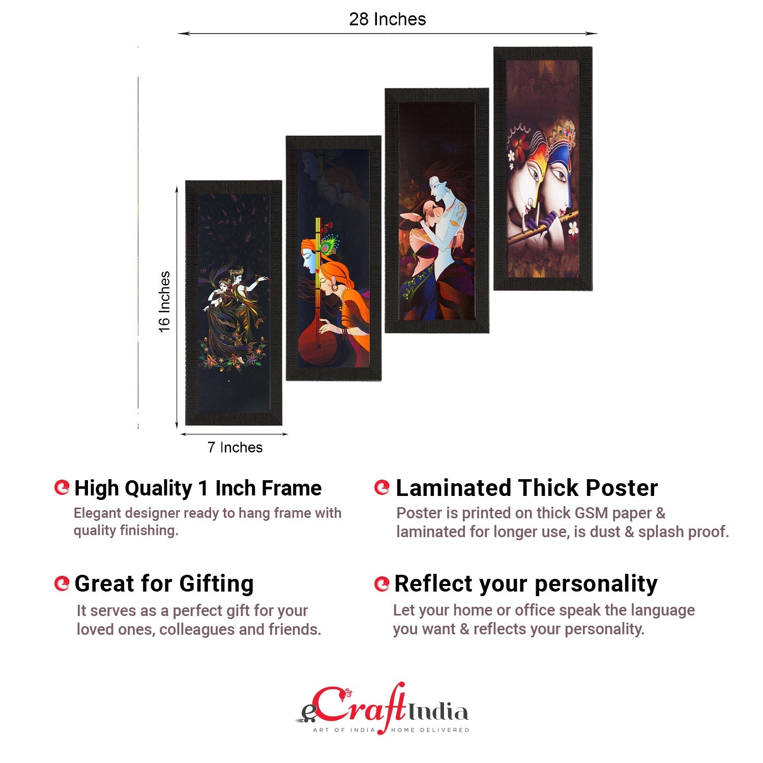 Set Of 4 Radha Krishna Satin Matt Texture UV Art Painting Kafalo