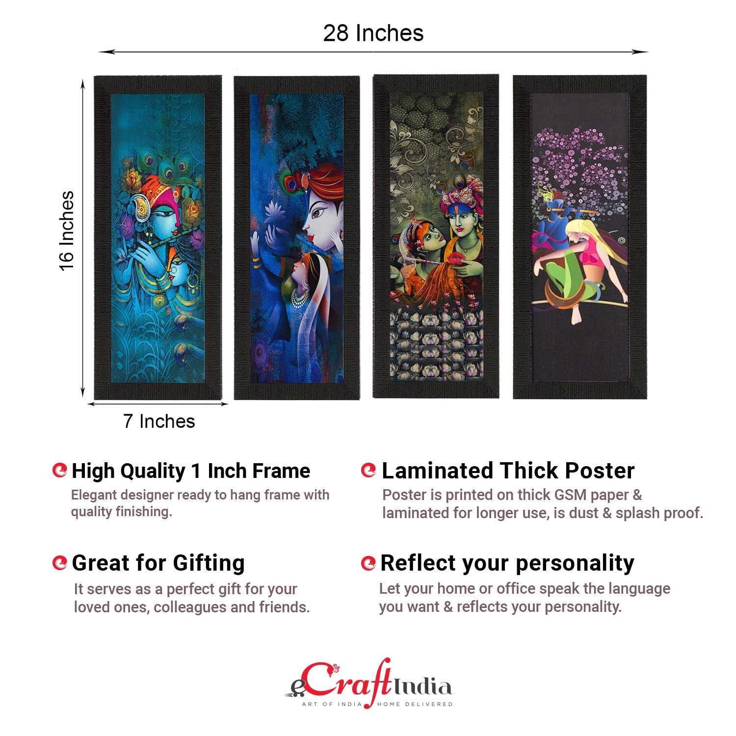 Set Of 4 Radha Krishna Satin Matt Texture UV Art Painting Kafalo