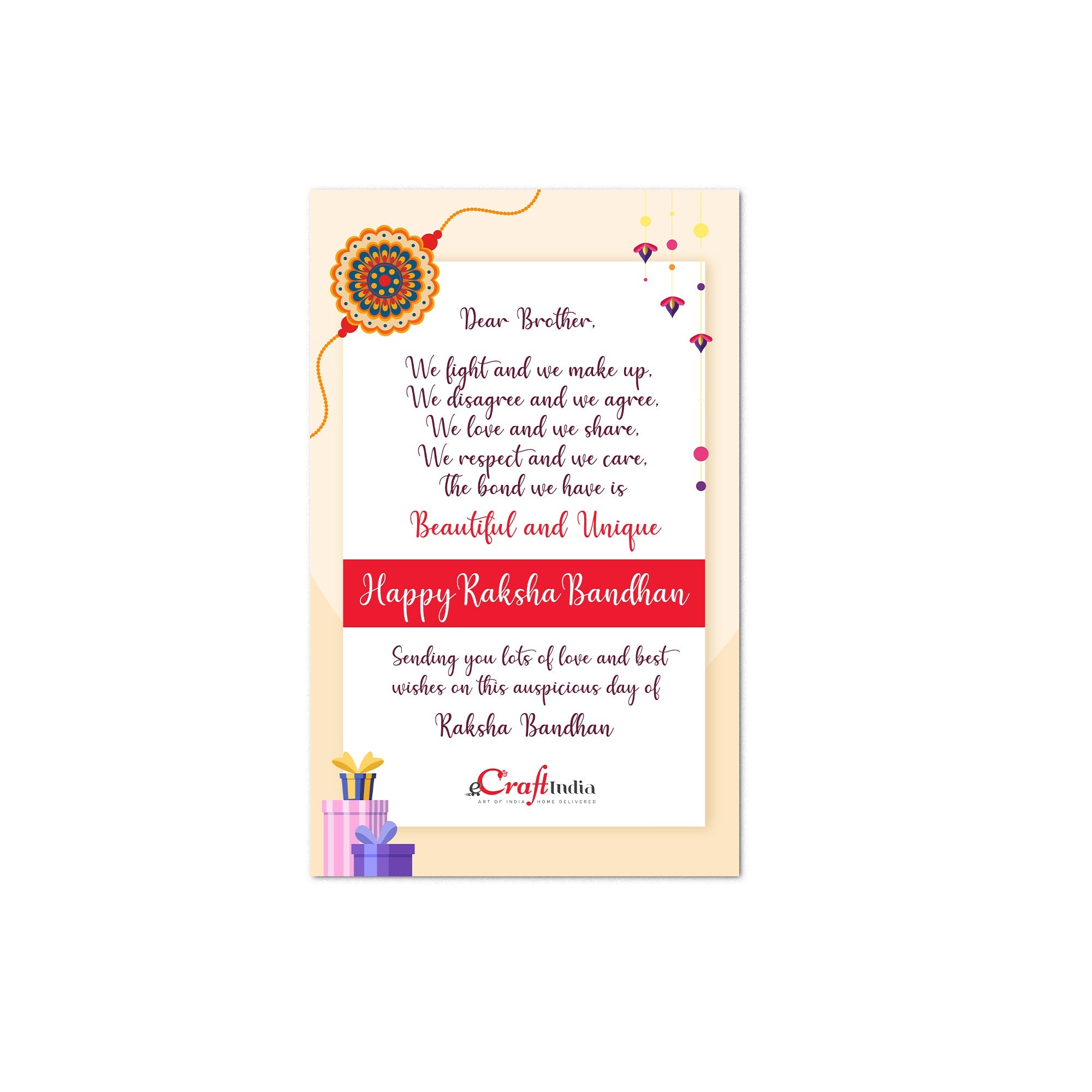 Designer Rakhi and Roli Chawal Pack, Best Wishes Greeting Card Kafalo