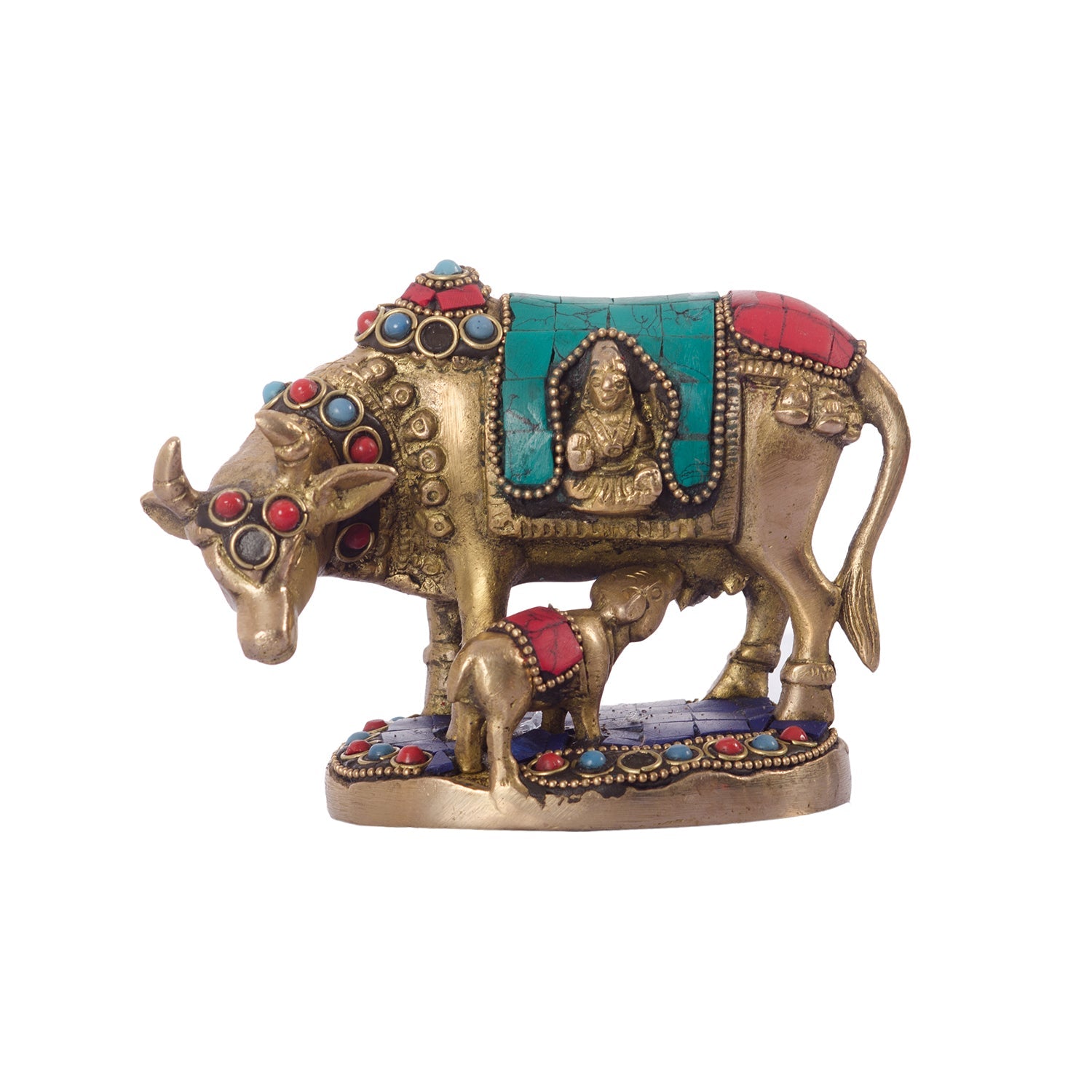 Stone Studded Brass Cow And Calf Statue Animal Figurines Kafalo