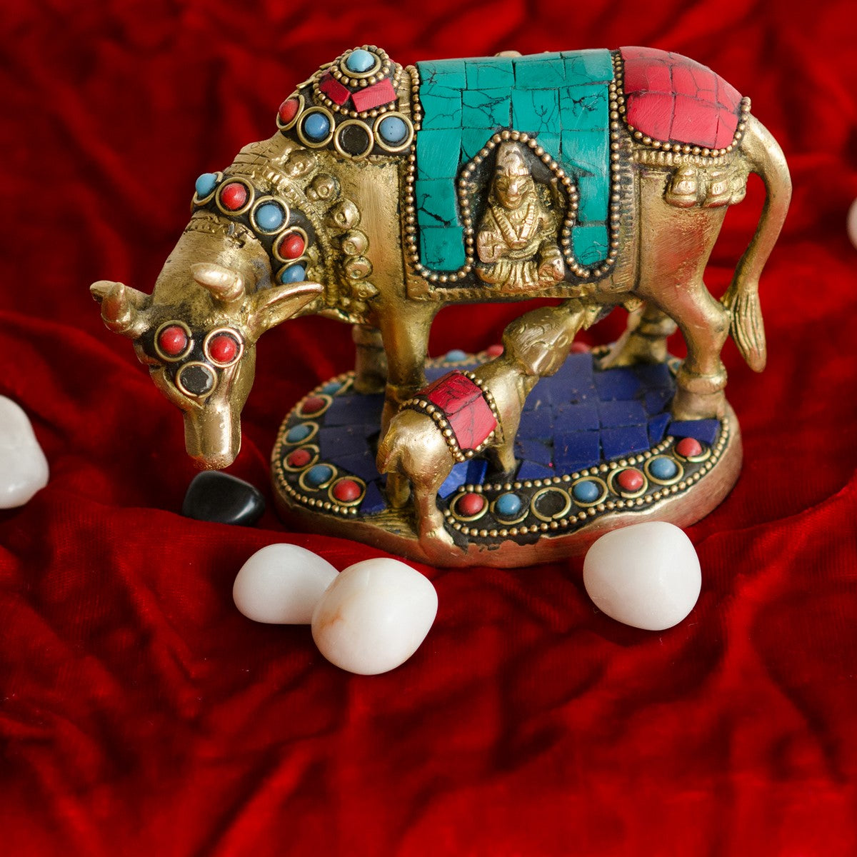 Stone Studded Brass Cow And Calf Statue Animal Figurines Kafalo