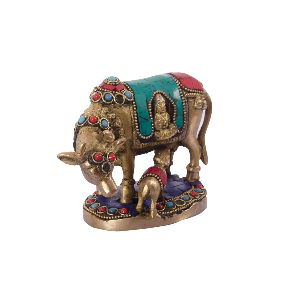 Stone Studded Brass Cow And Calf Statue Animal Figurines Kafalo