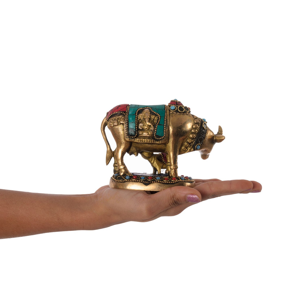 Stone Studded Brass Cow And Calf Statue Animal Figurines Kafalo