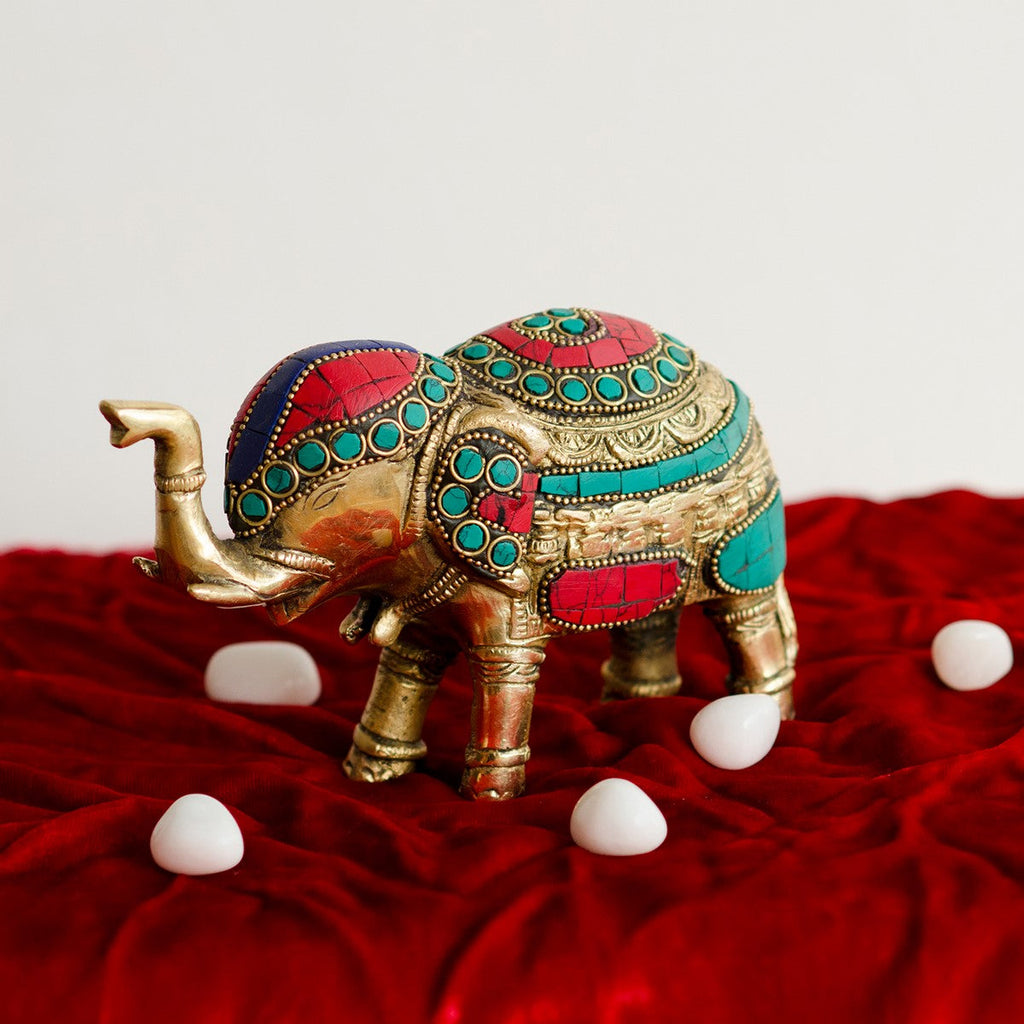 Stone Studded Brass Elephant Statue Animal Figurines Kafalo