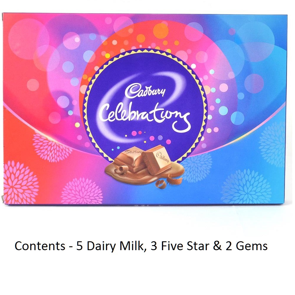Designer Stone Rakhi with Cadbury Celebrations Gift Pack of 11 Assorted Chocolates and Roli Tikka Matki, Best Wishes Greeting Card Kafalo