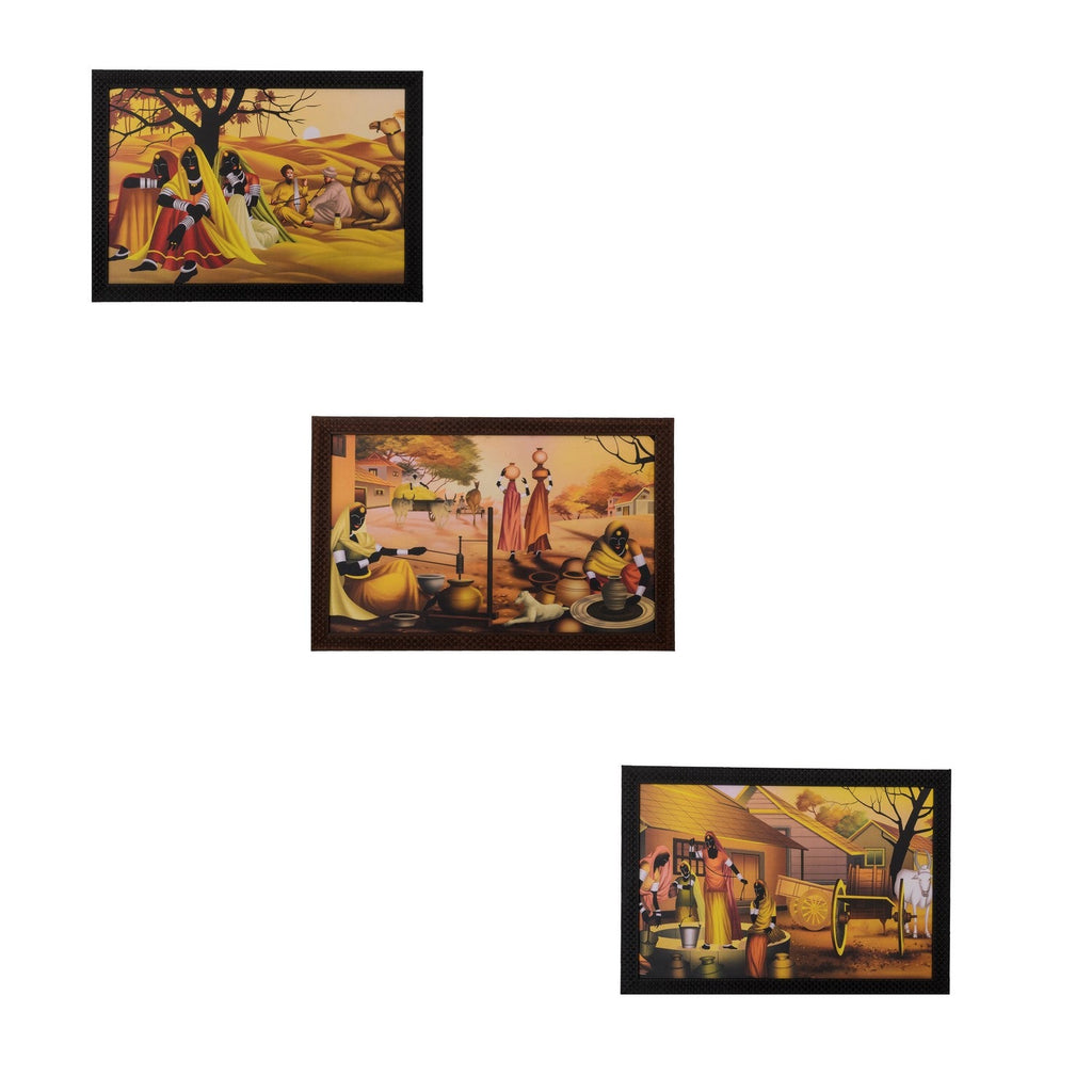 Set of 3 Village Scene Satin Matt Texture UV Art Painting Kafalo